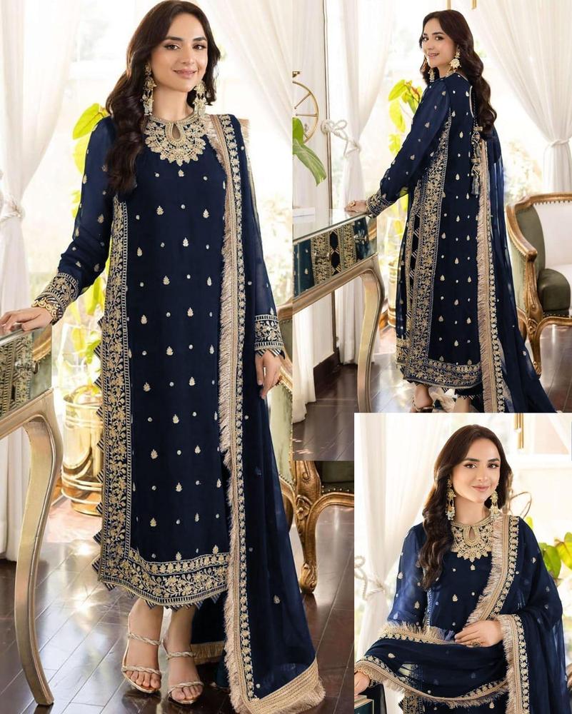 3 Pcs Women's Stitched Crinkle Chiffon Embroidered Suit.