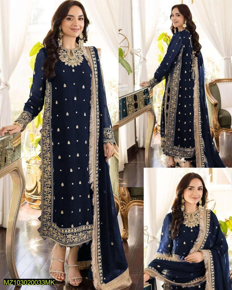 3 Pcs Women's Stitched Crinkle Chiffon Embroidered Suit.