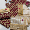 5 Pcs Women's Un-Stitched Chiffon Embroidered Suit + Free Clutch and khussa.