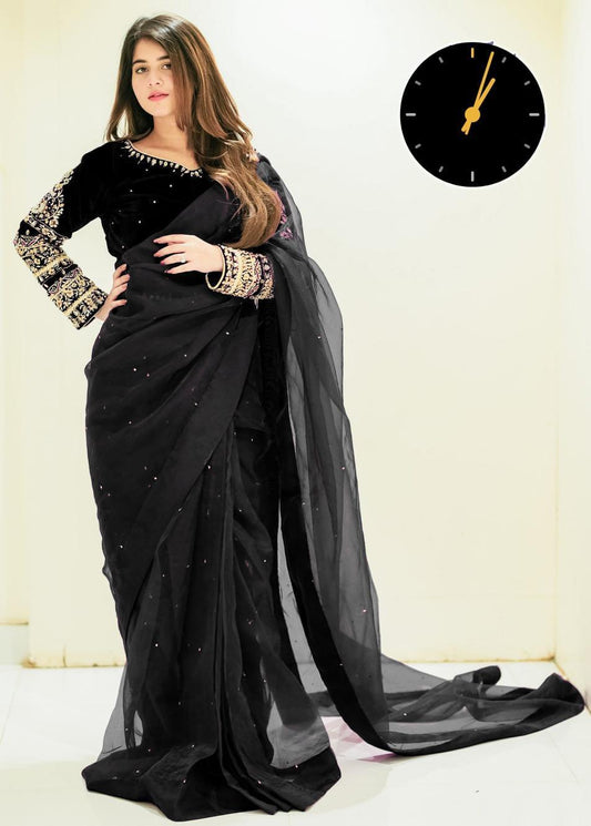 Stitched Chiffon Saree Set - 3 Pcs Black Embroidered Elegence.