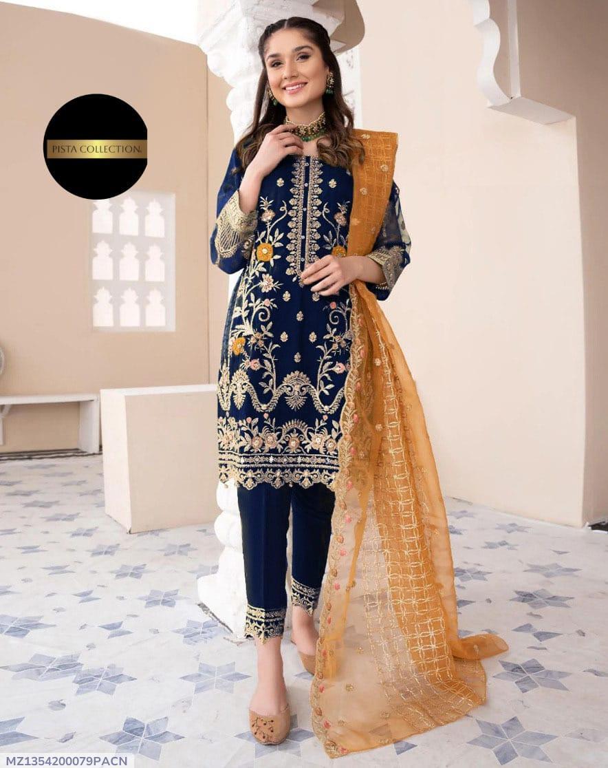 3 Pcs Women's Stitched Organza Embroidered Suit.