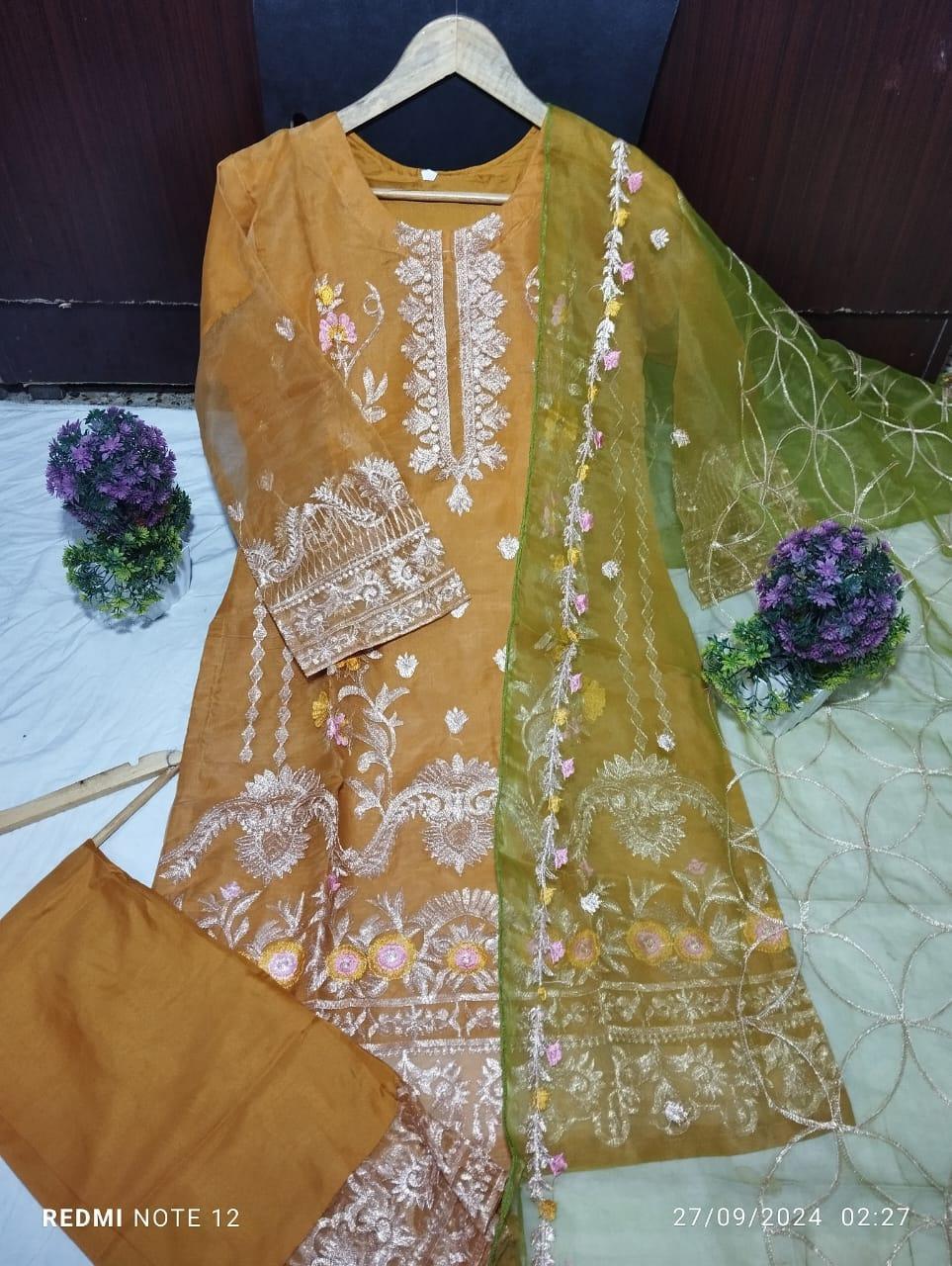 3 Pcs Women's Stitched Organza Embroidered Suit.