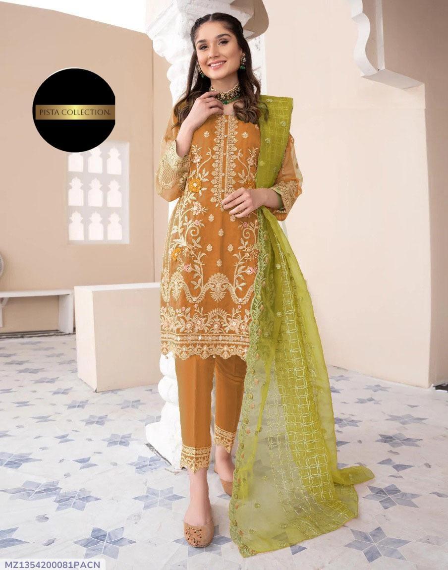 3 Pcs Women's Stitched Organza Embroidered Suit.