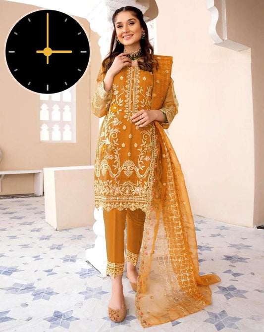 3 Pcs Women's Stitched Organza Embroidered Suit.