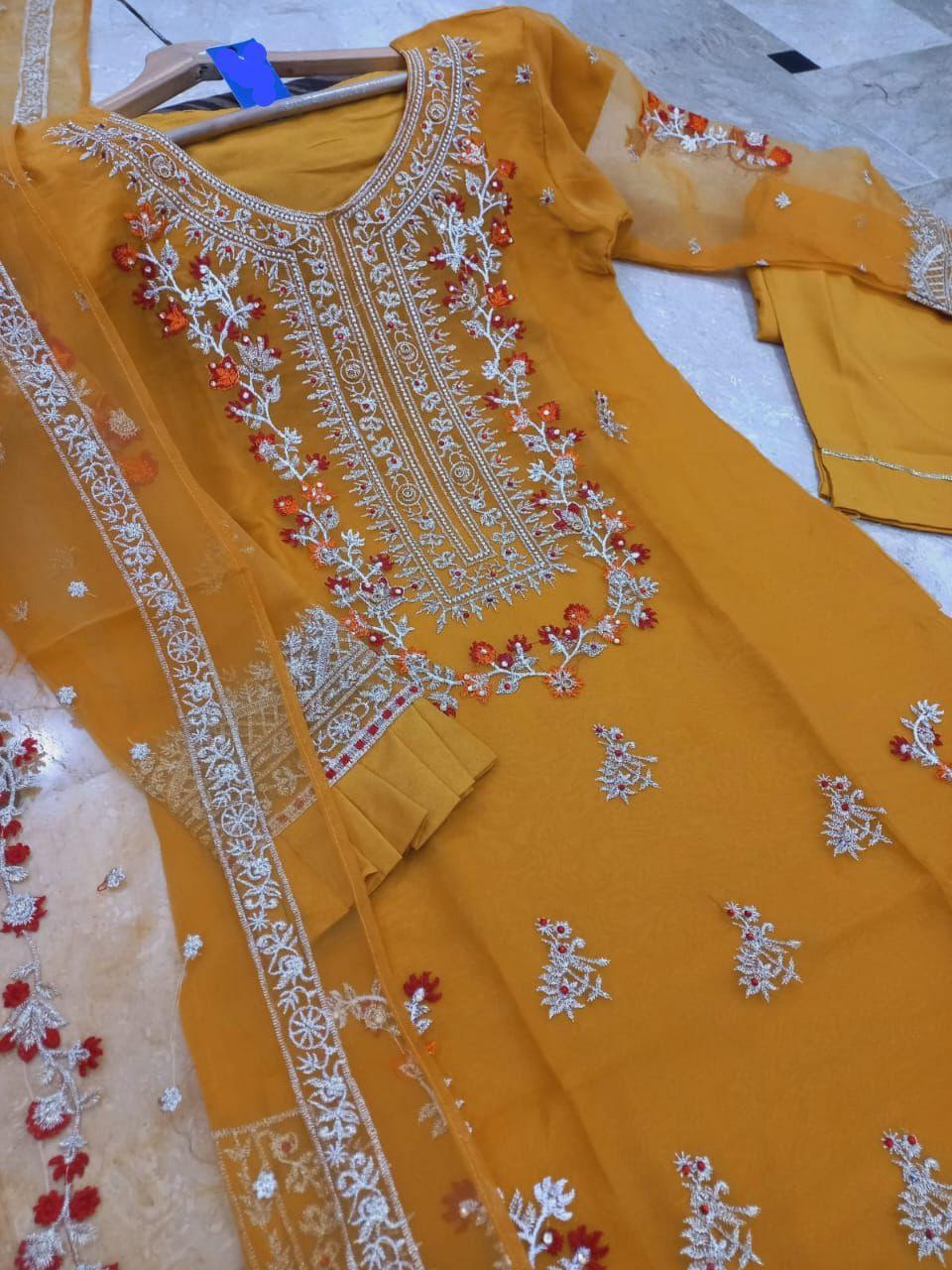 3 Pcs Women's Stitched Hand Designed Embroidered with Organza Dupatta.