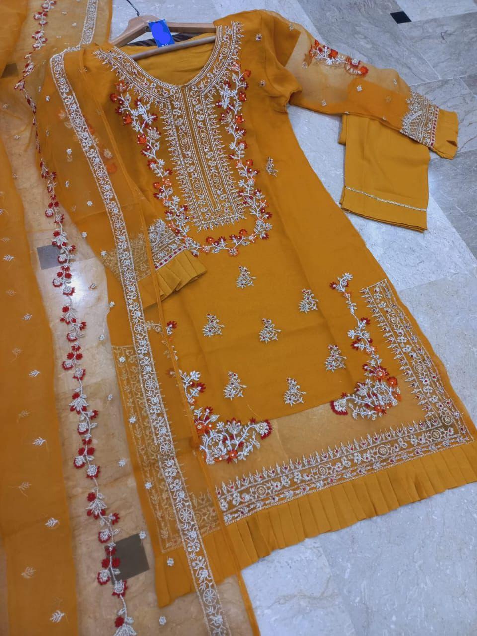 3 Pcs Women's Stitched Hand Designed Embroidered with Organza Dupatta.