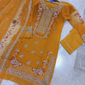 3 Pcs Women's Stitched Hand Designed Embroidered with Organza Dupatta.