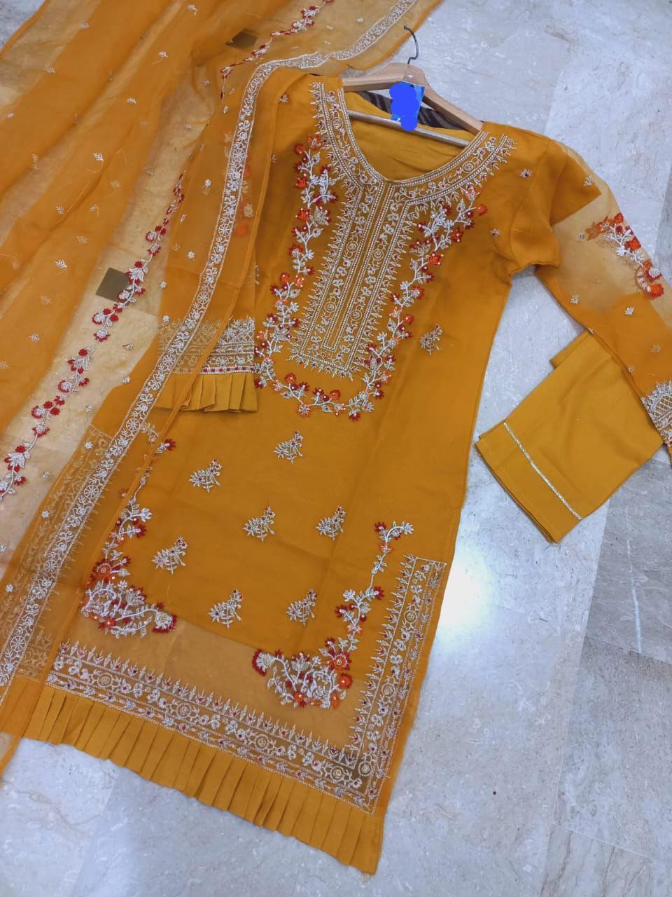 3 Pcs Women's Stitched Hand Designed Embroidered with Organza Dupatta.