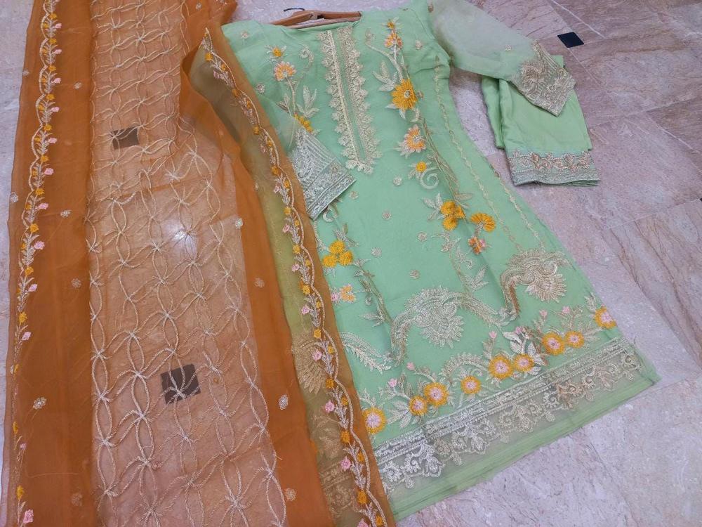 3 Pcs Women's Stitched Organza Embroidered Suit.