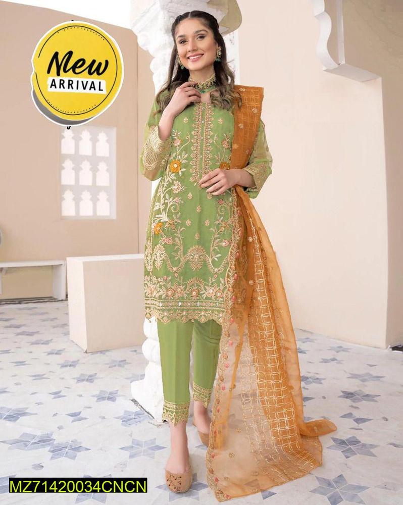 3 Pcs Women's Stitched Organza Embroidered Suit.