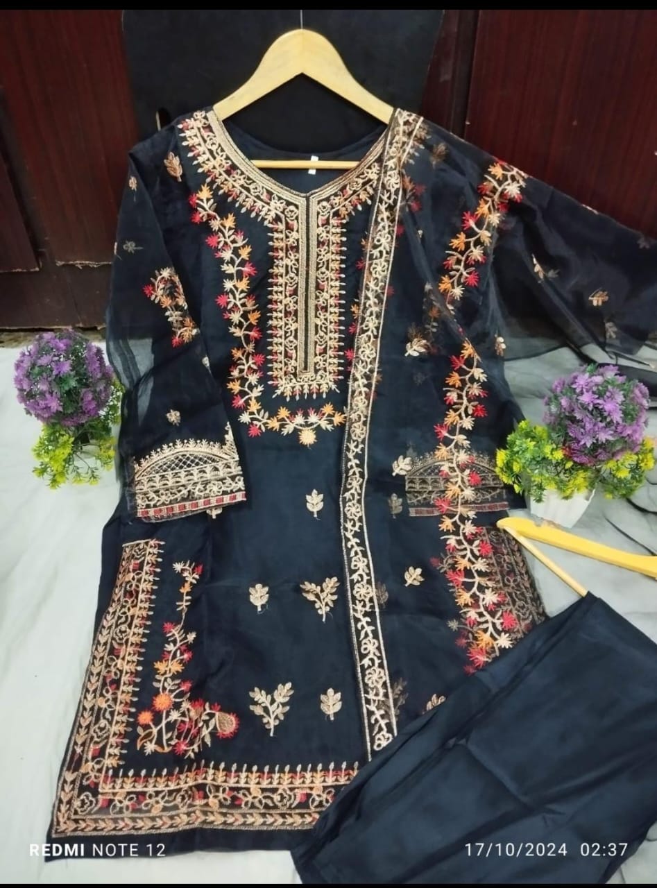 3 Pcs Women's Stitched Embroidered Gown Suit.