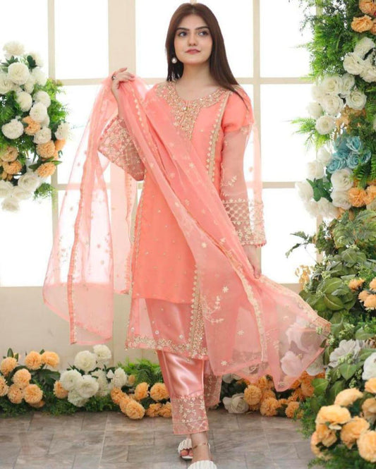 3 Pcs Women's Stitched Embroidered Suit.