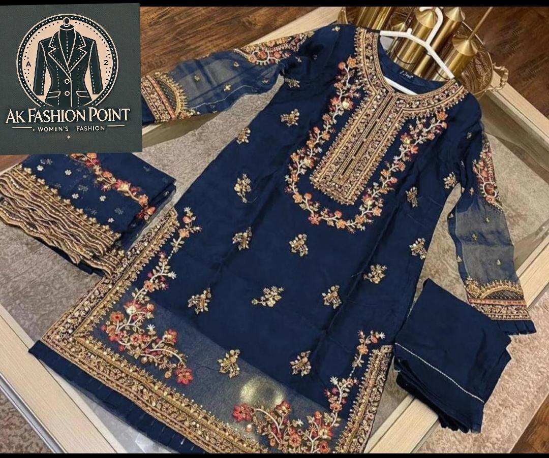 3 Pcs Women's Stitched Embroidered Suit.